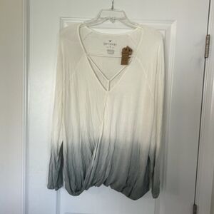 American Eagle Outfitters V-Neck Ombre Long Sleeve Top - White and Gray